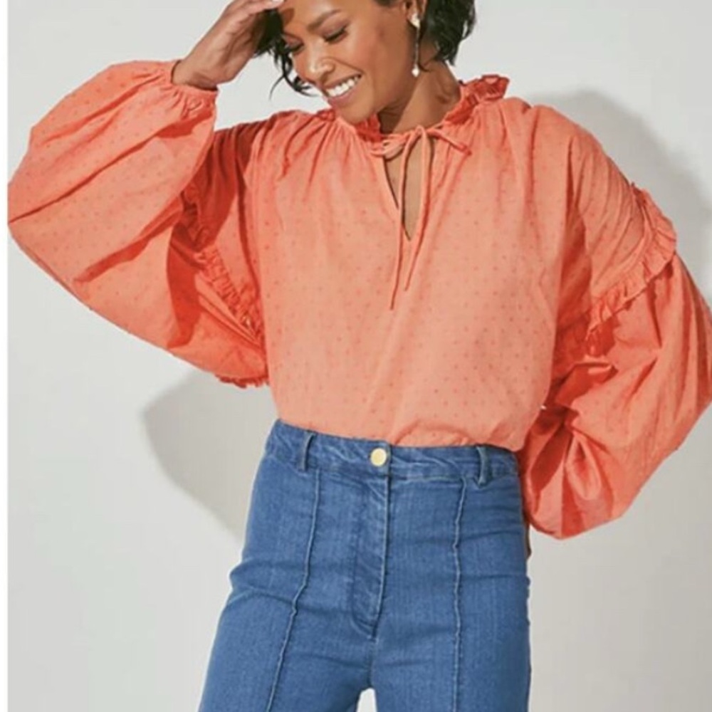 CLEOBELLA NWT Evereve Phoenix Puff Long Sleeve Organic Cotton Blouse Coral // M